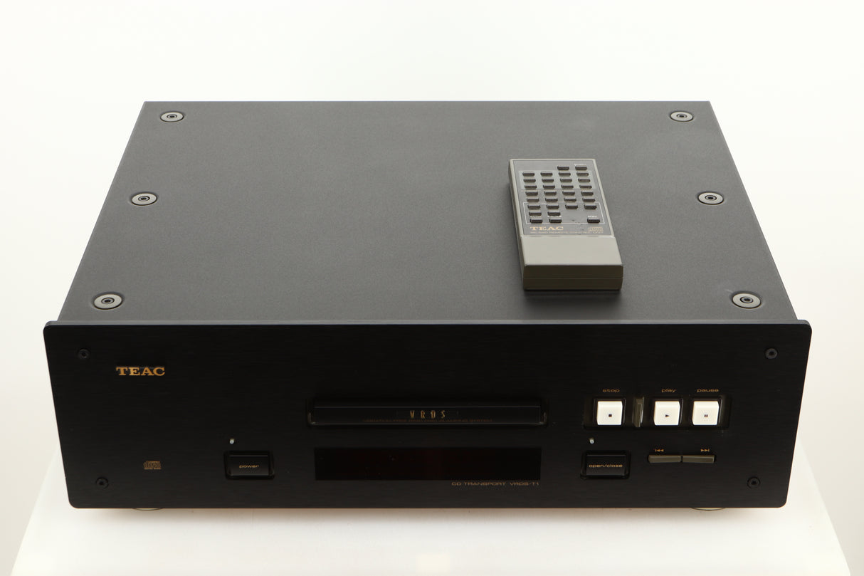 Top view of used Teac VRDS-T1 CD Transport in Black finish showing the remote