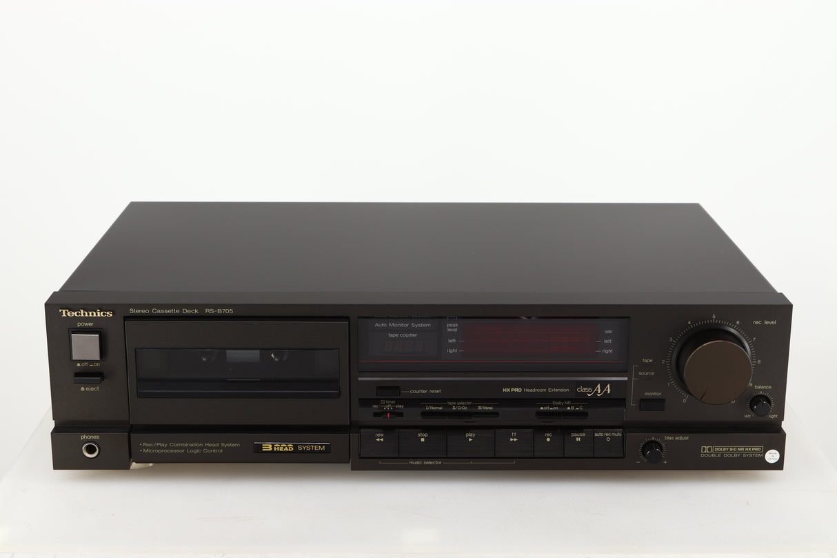 Front view of a used Technics RS-B705 Cassette Deck in a black finish