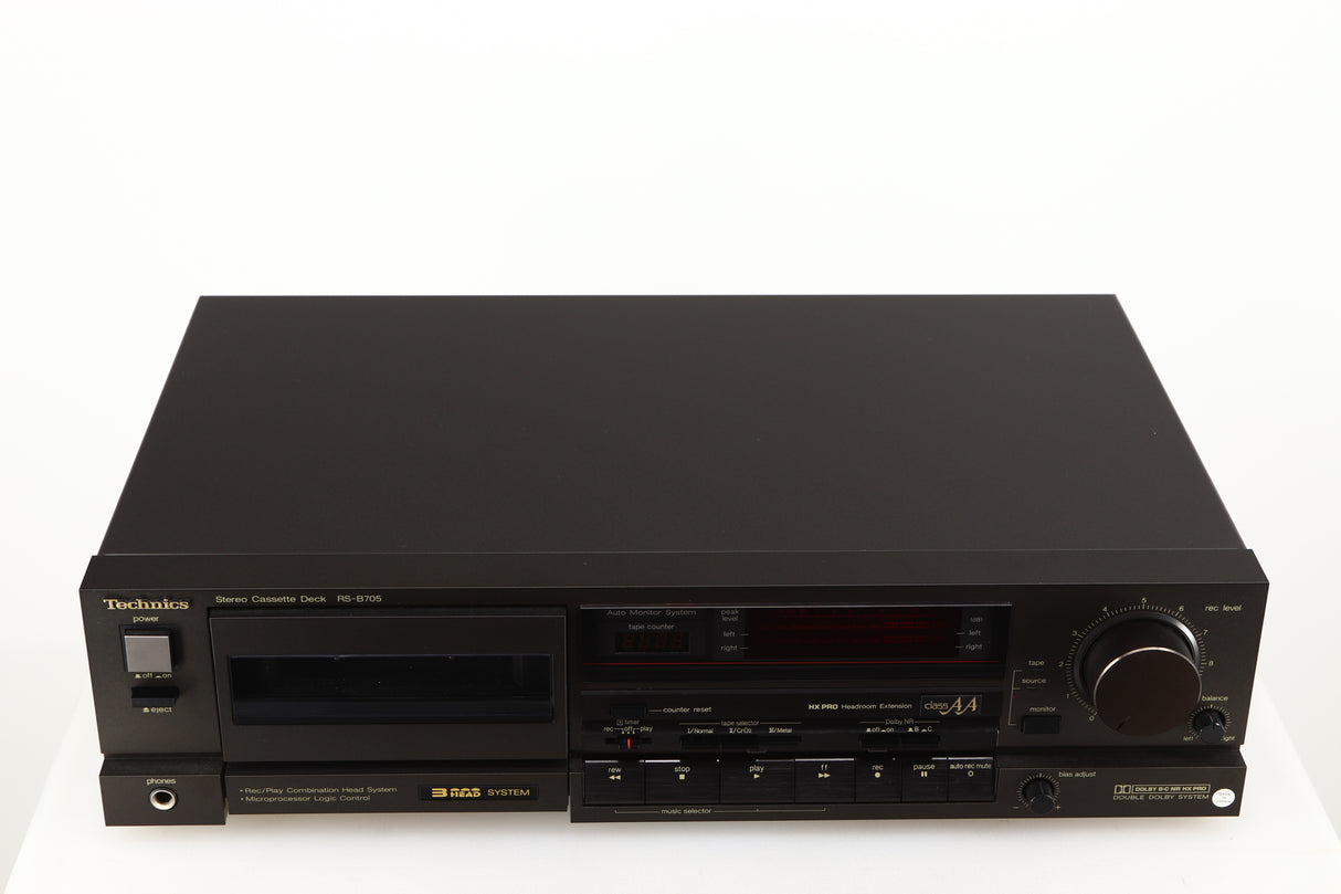 Top of a used Technics RS-B705 Cassette Deck in a black finish