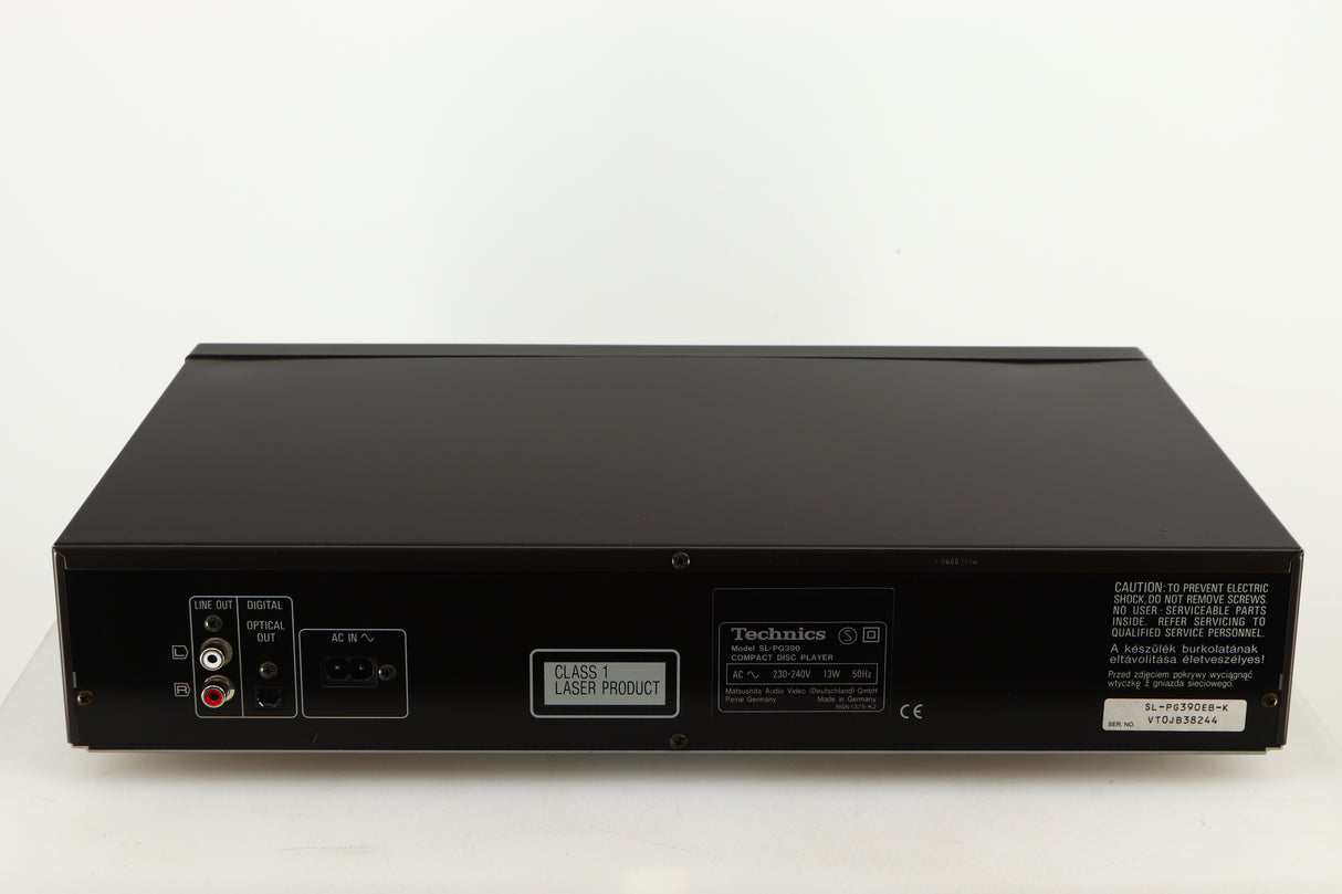 Rear view of a used Technics SL-PG390EB-K CD Player in a grey finish showing Power Input and Phono Outputs