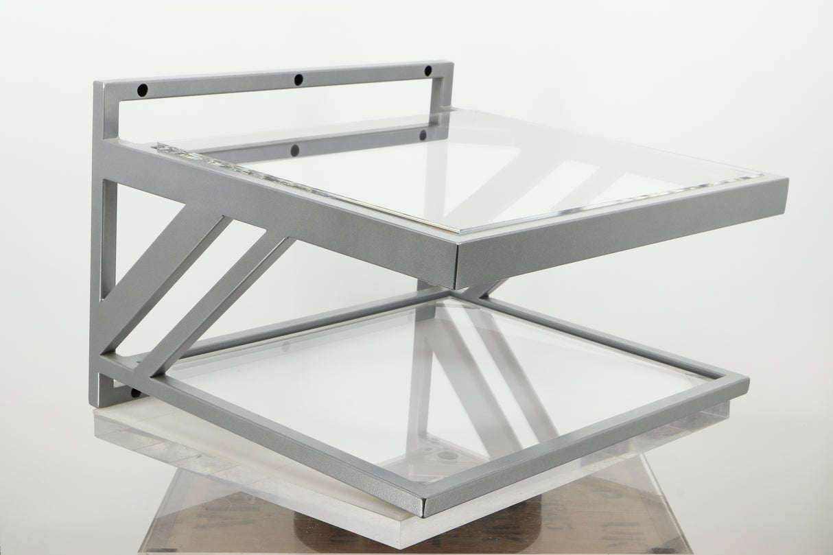 Front left corner of a used TTW Turntable Wall Mount in a silver finish