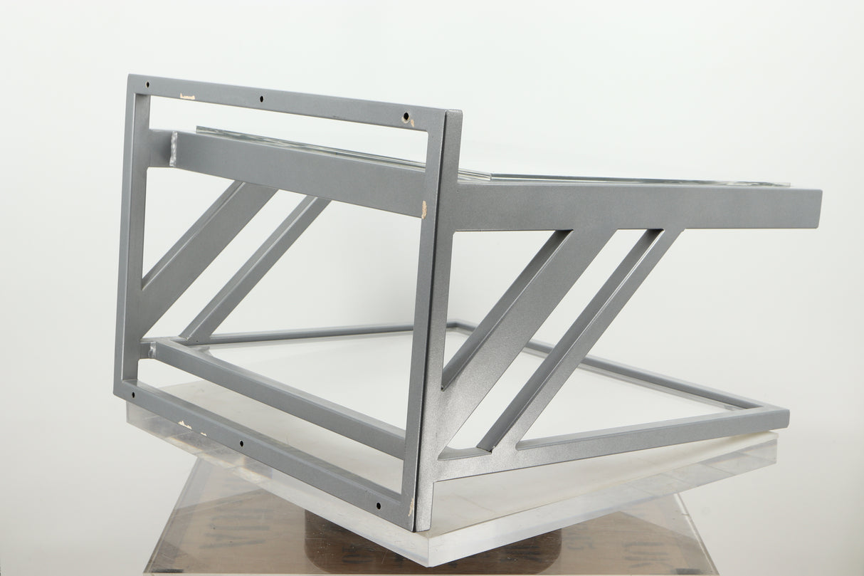 Rear left corner of a used TTW Turntable Wall Mount in a silver finish