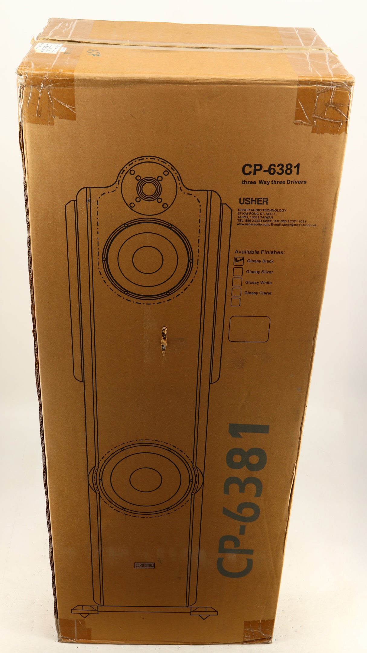 Box for a used Usher CP-6381 Floorstanding Speakers in a gloss black finish