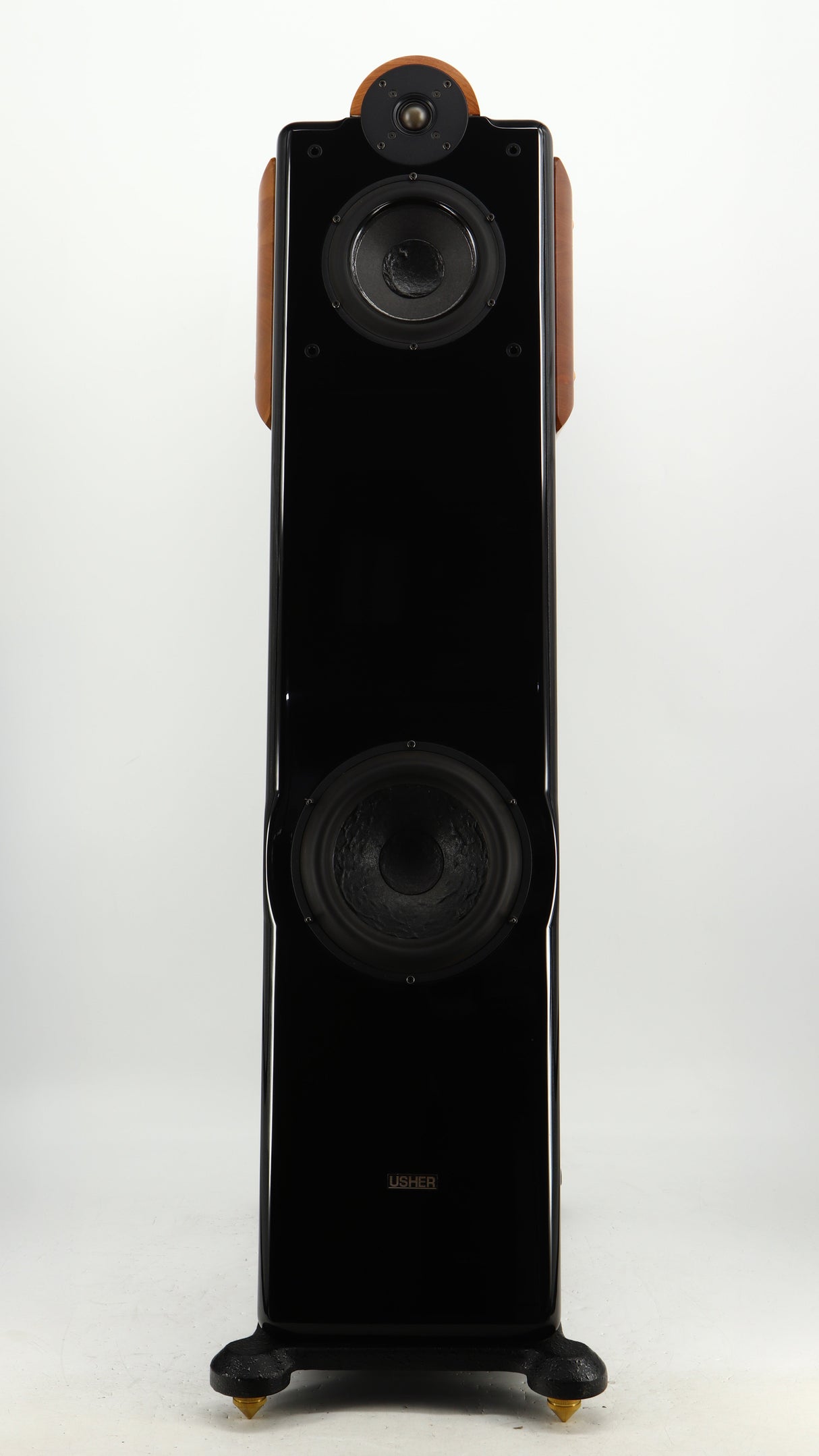 Front view of a used Usher CP-6381 Floorstanding Speakers in a gloss black finish