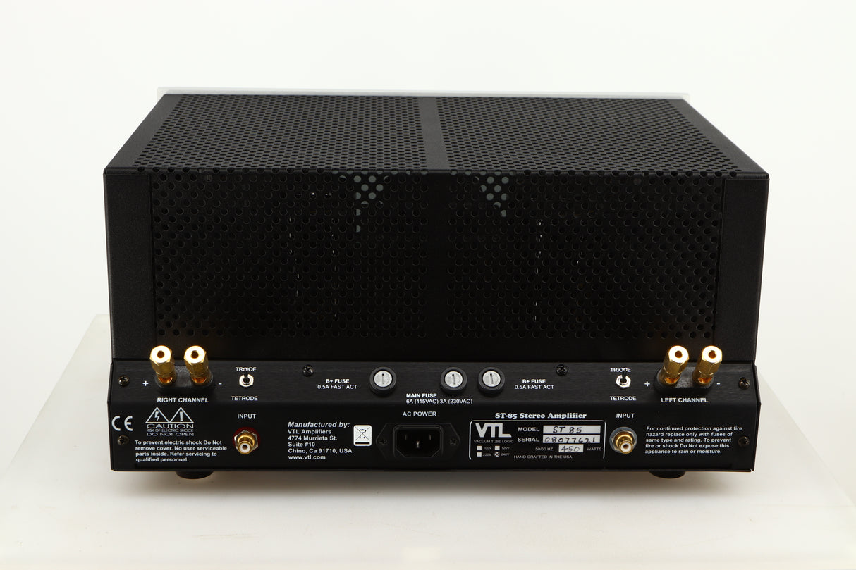 Rear view of a used VTL ST85 Power Amplifier in a silver finish showing Mains Input and Phono Inputs
