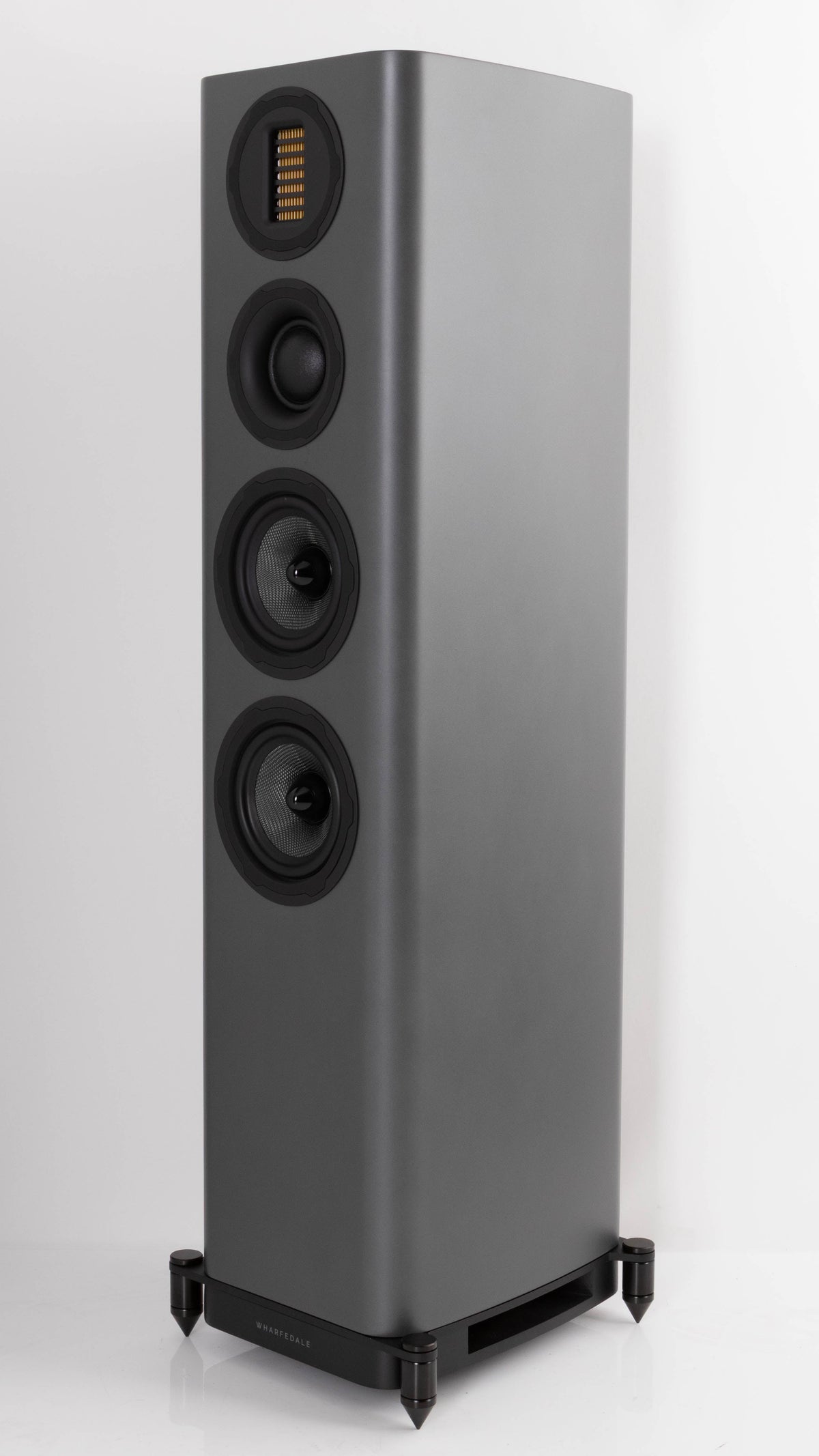 Front right corner of a used Wharfedale EVO 5.3 Floorstanding Speaker in a Lunar Grey finish