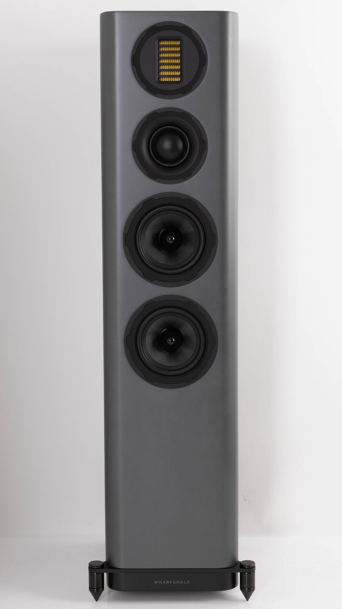 Front view of a used Wharfedale EVO 5.3 Floorstanding Speaker in a Lunar Grey finish