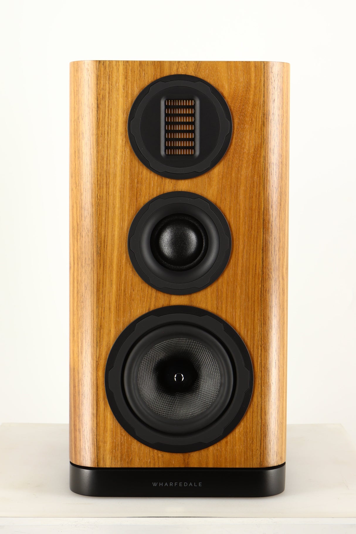 Front view of a used Wharfedale EVO 5.2 Standmount Speaker in a walnut finish