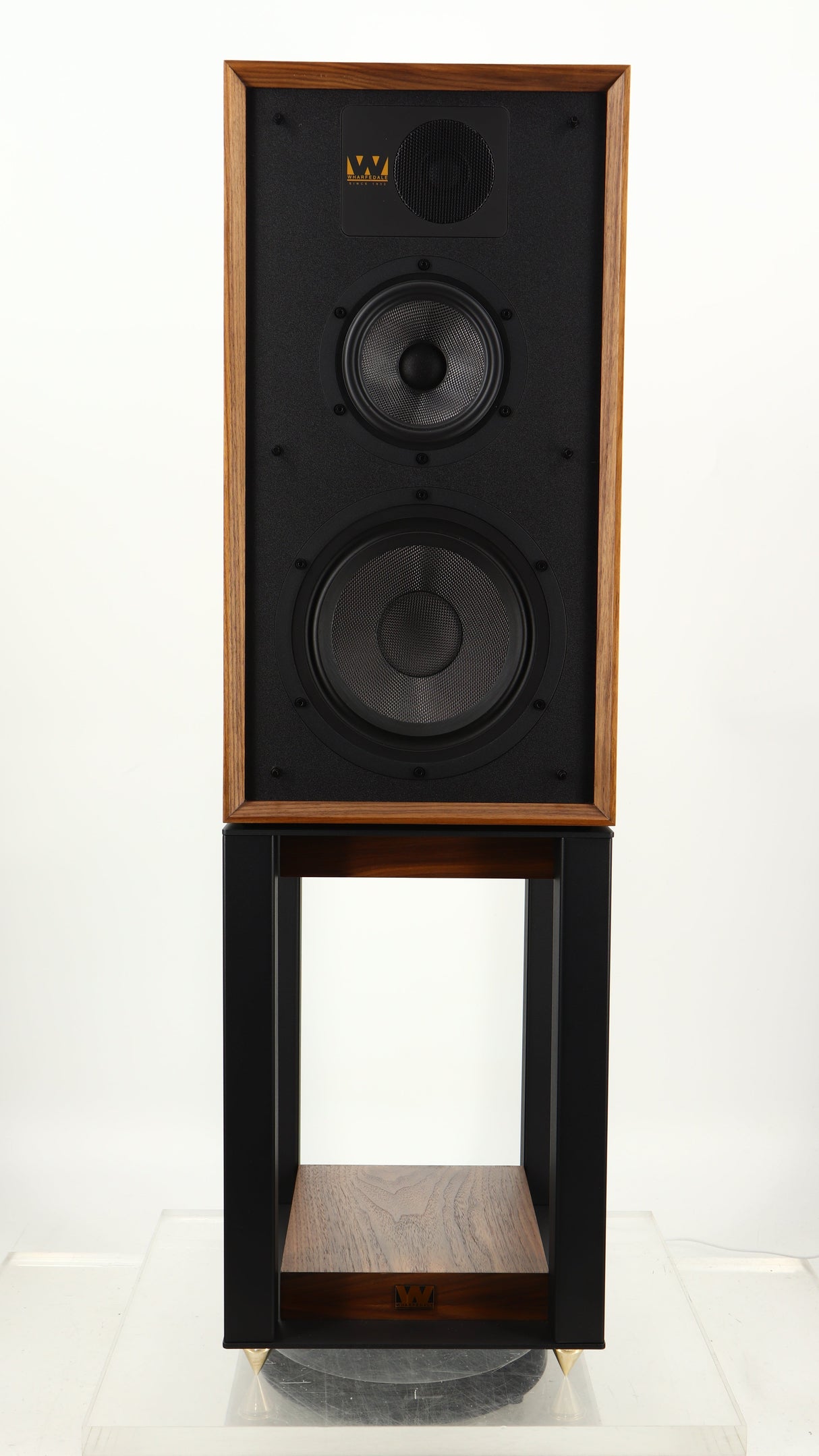 Front view of a used Wharfedale Linton Standmount Speaker W/ Stand in a walnut finish