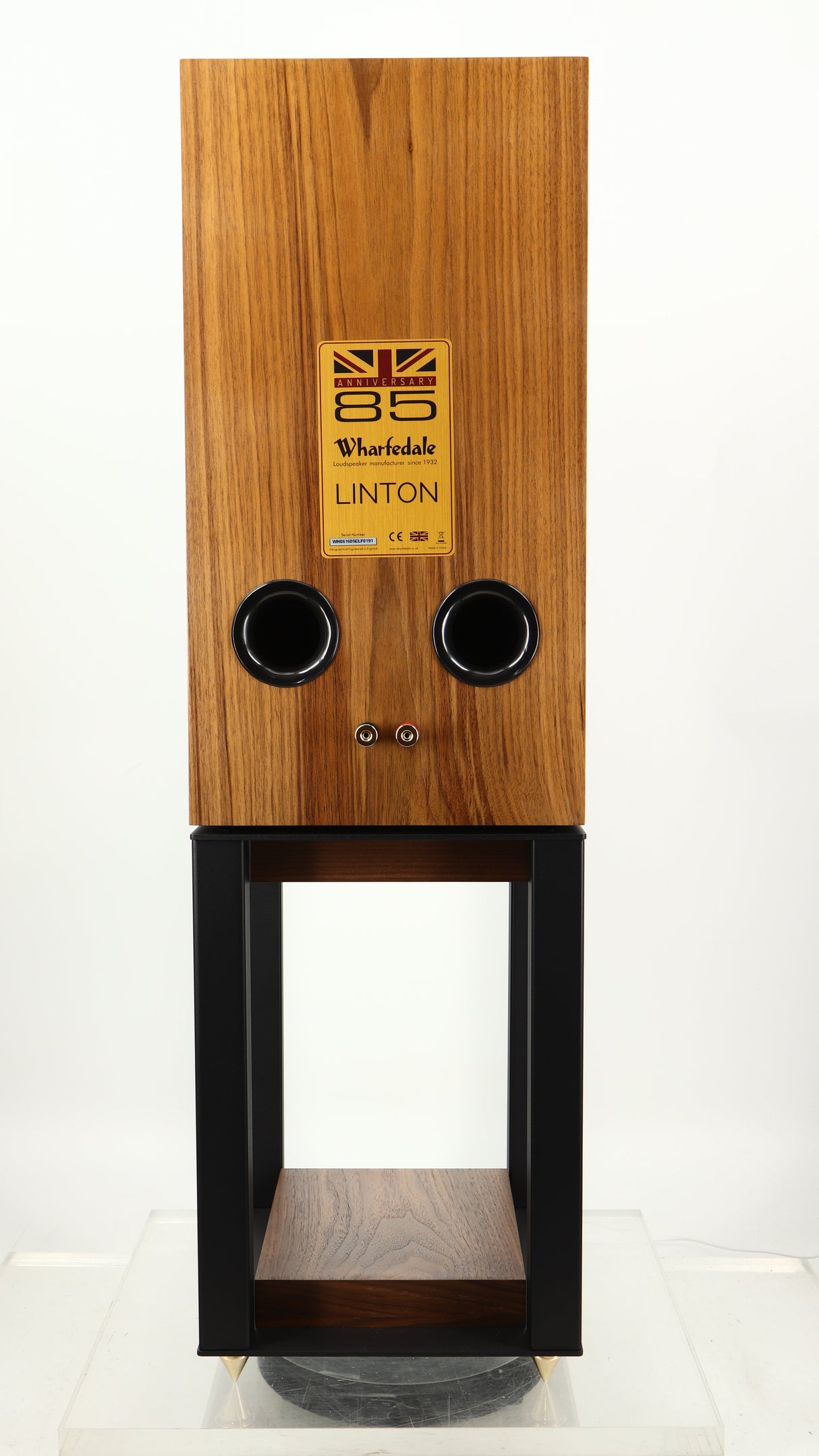 Rear view of a used Wharfedale Linton Standmount Speaker W/ Stand in a walnut finish