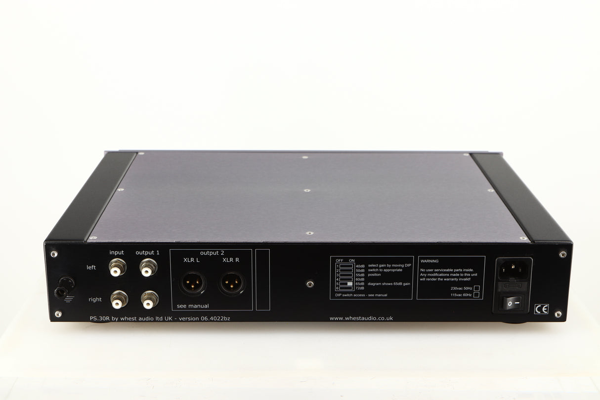 Rear view of a used Whest PS.30R Phonostage showing Phono Inputs, Phono Outputs, XLR Outputs and Mains Input