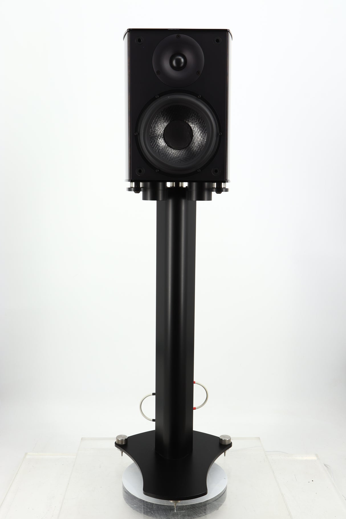 Front view of a used Wilson Benesch Vertex Standmount Speakers W/ Stands in a gloss walnut finish
