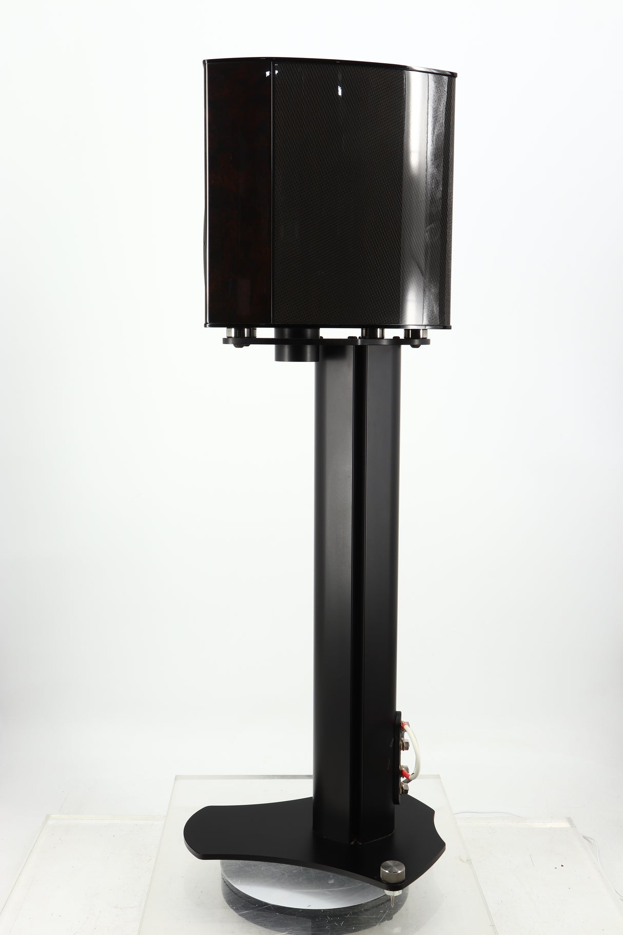Right side view of a used Wilson Benesch Vertex Standmount Speakers W/ Stands in a gloss walnut finish
