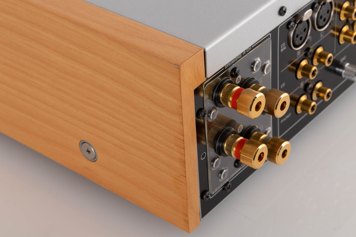 Rear right corner of a used Yamaha A-S2000 Integrated Amplifier in a Silver finish