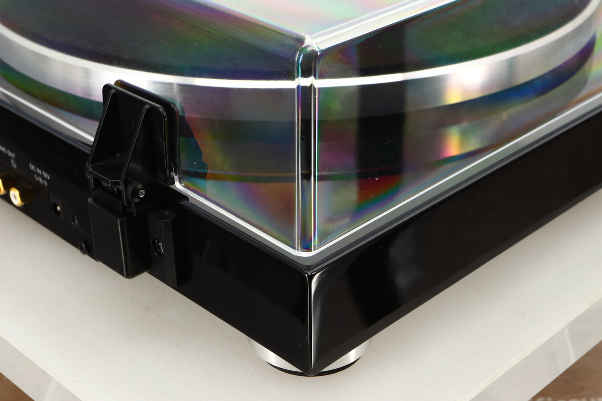 Rear right corner view of a Yamaha TTN503 MusicCast Turntable in Black finish