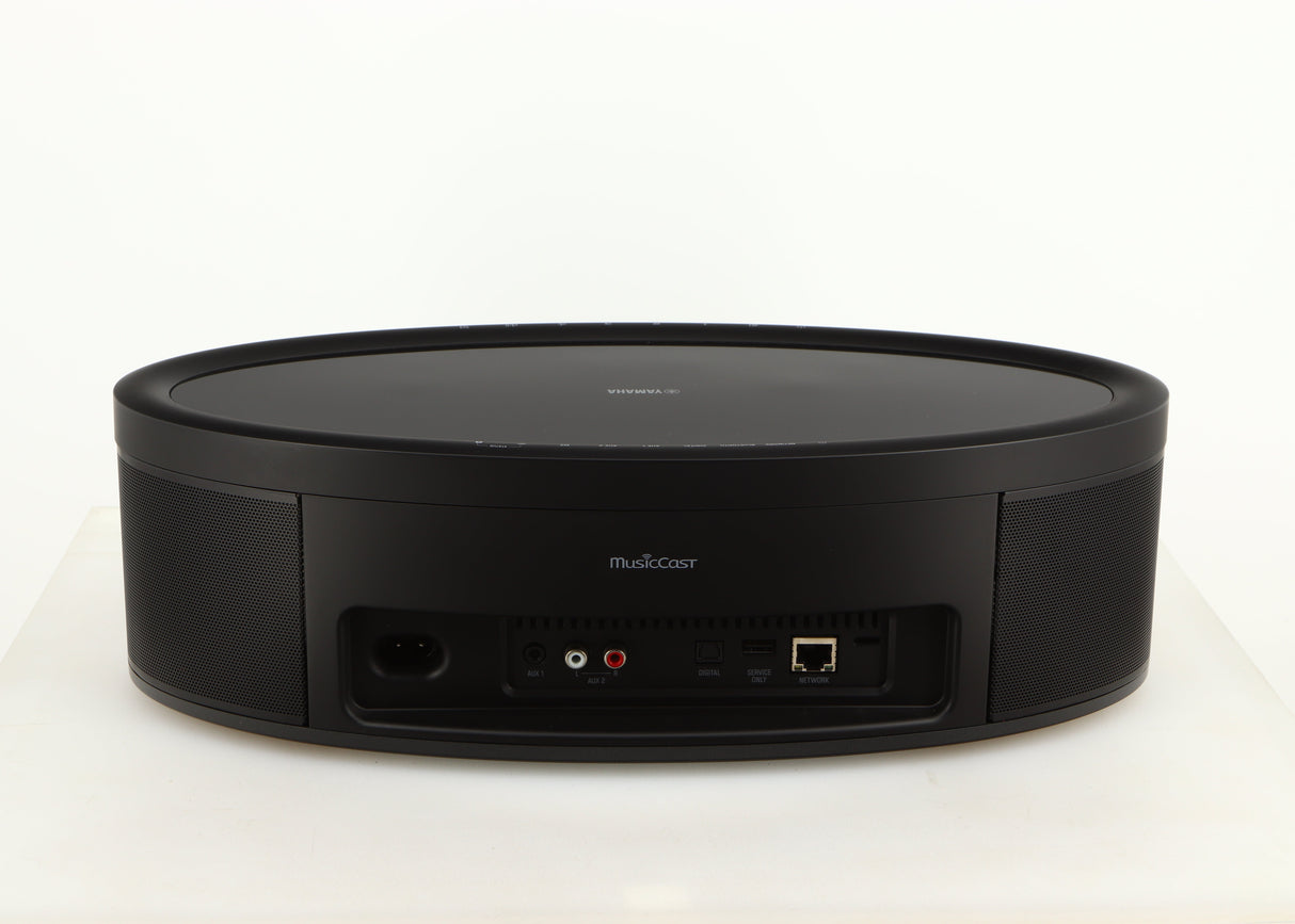 Rear view of a used Yamaha WX-051 Musicast Streaming Speaker in a black finish showing Network Input and Power Input