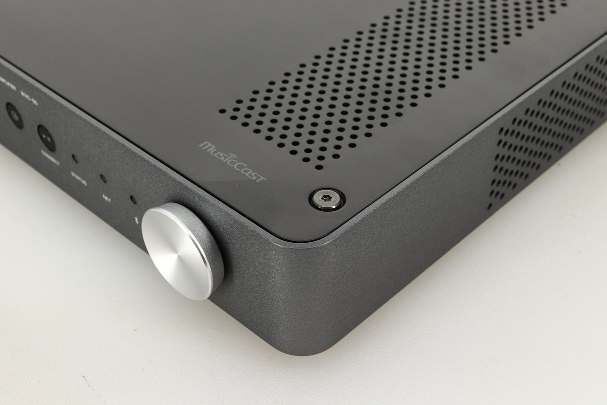 Front right corner view of a used Yamaha WXC-50 Streaming Pre Amplifier in Silver finish