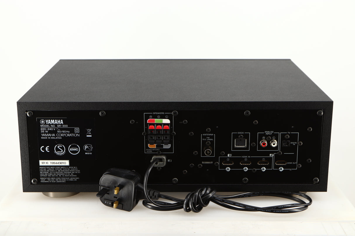 Rear view of a used Yamaha SR-300 Integrated Receiver in a black finish showing Phono Inputs, HDMI Inputs, HDMI Output and Optical Input