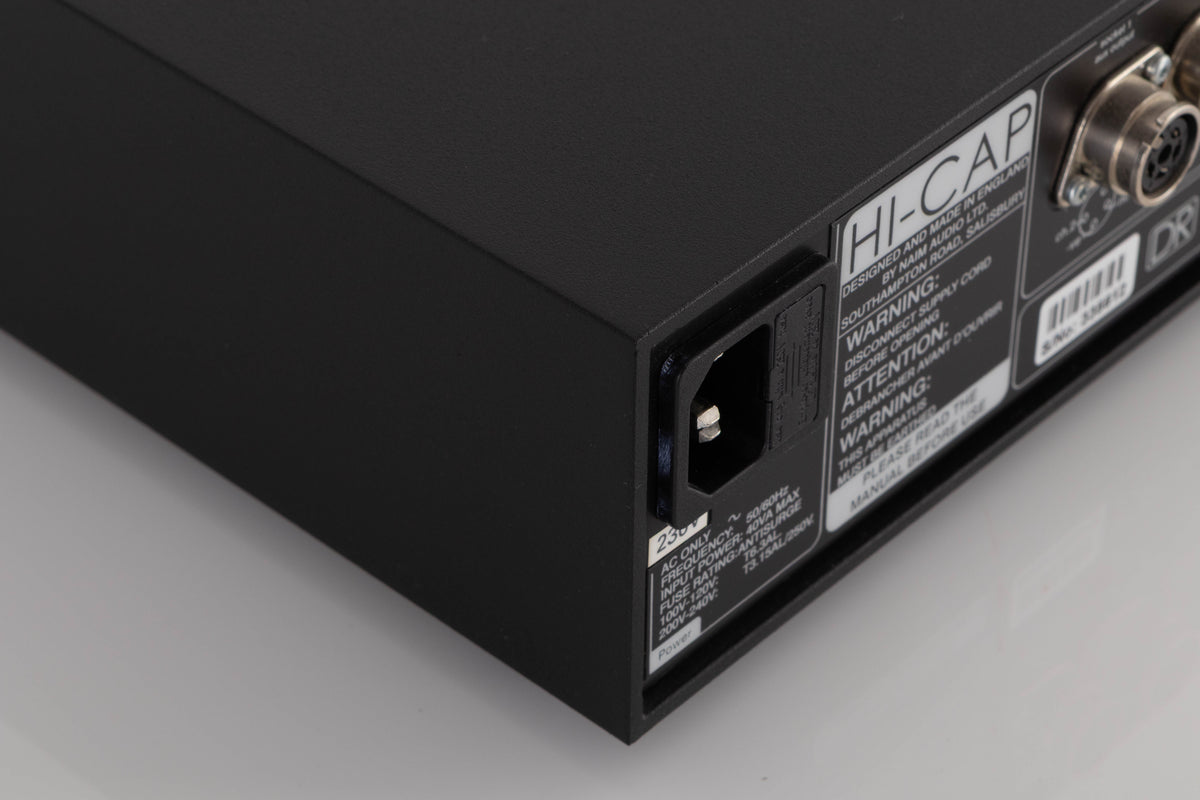 Rear right corner of a used Naim Hicap DR Power Supply in a Black finish