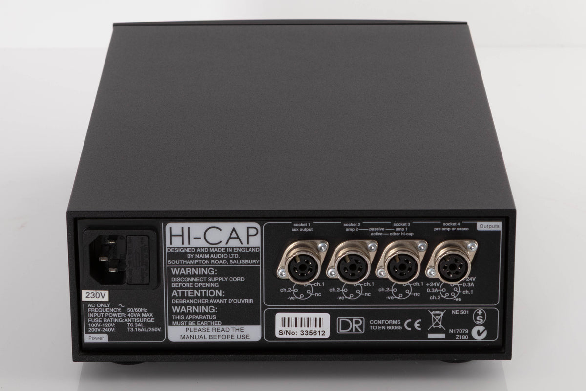 Rear view of a used Naim Hicap DR Power Supply in a Black finish showing Mains Input and XLR Outputs
