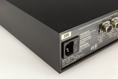 Rear right corner of a used Naim Hicap Power Supply in a black finish