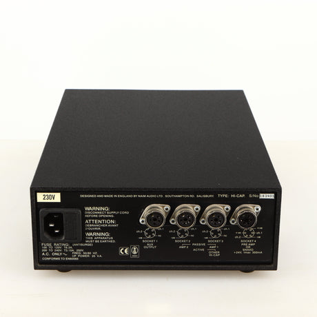 Rear view of a used Naim Hicap Power Supply in a black finish showing Mains Input and SNAIC Output