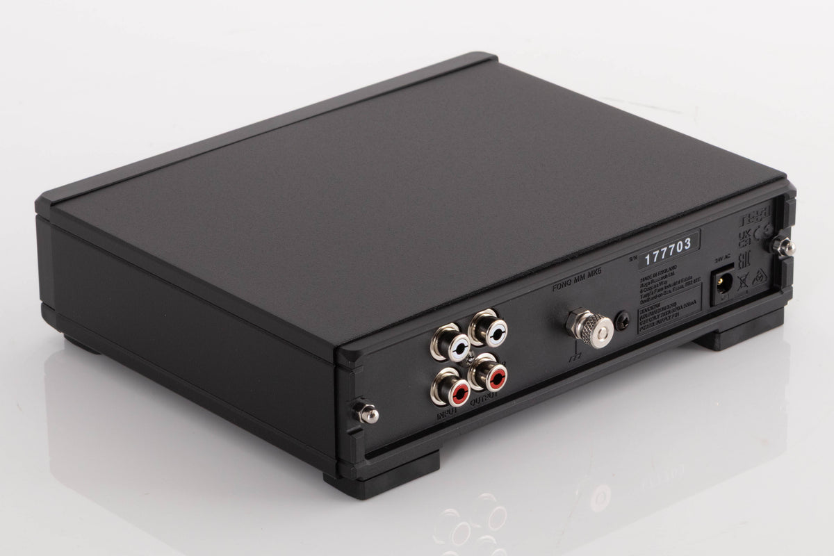Rear right corner of a used Rega FONO MM MK5 Phonostage in a Black finish