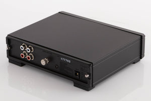 Rear left corner of a used Rega FONO MM MK5 Phonostage in a Black finish