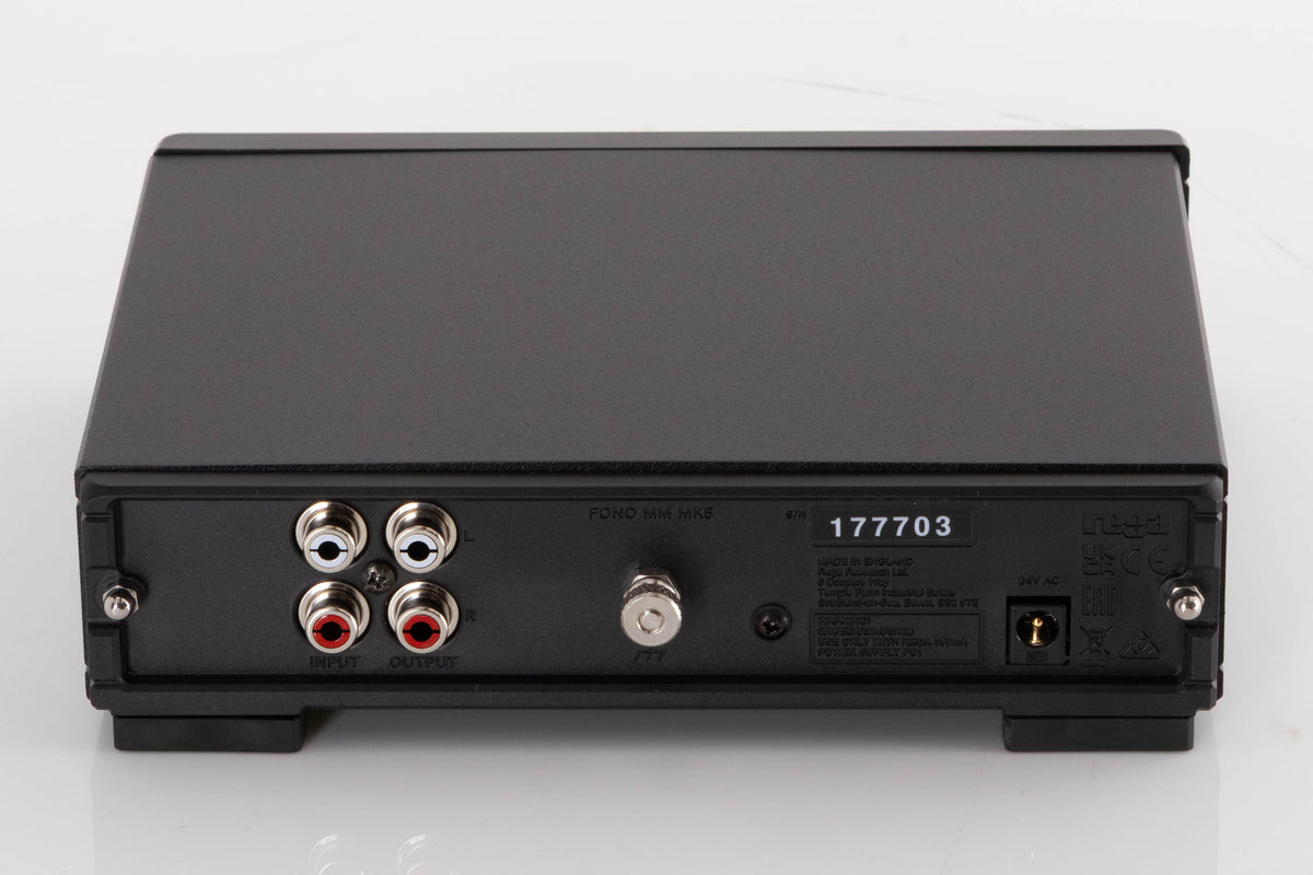 Rear view of a used Rega FONO MM MK5 Phonostage in a Black finish showing Phono Inputs, Phono Outputs and Power Input