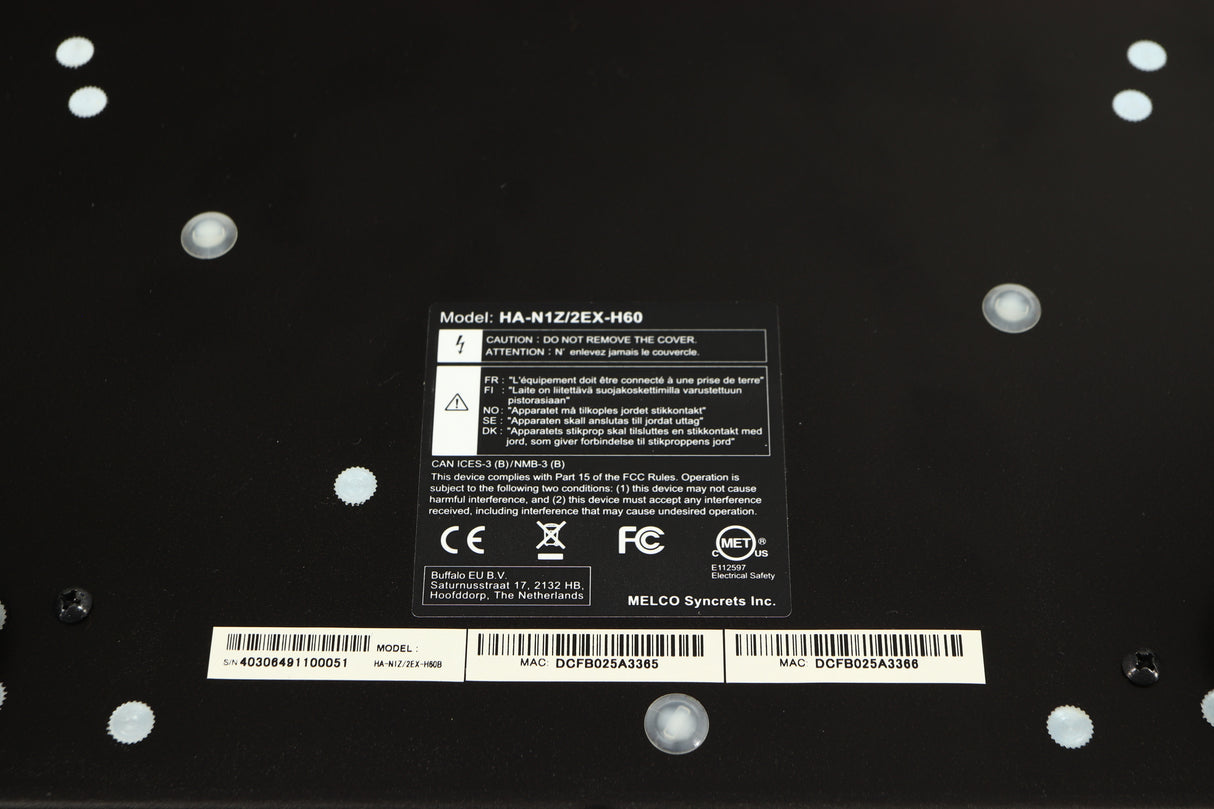 Close up of a used Melco HA-N1Z/2EX-H60 Music Server in Black finish showing information on the underside