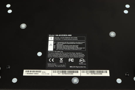 Close up of a used Melco HA-N1Z/2EX-H60 Music Server in Black finish showing information on the underside
