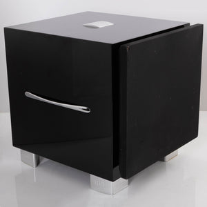 REL S/3 Subwoofer Black Gloss – Used – Front Left View - showing damage to the corner of the grille