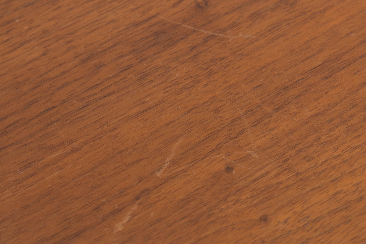 Close up of a used A&R A60 Integrated Amplifier in a Teak finish showing scratches on top