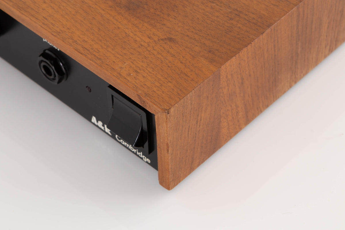 Front right corner of a used A&R A60 Integrated Amplifier in a Teak finish