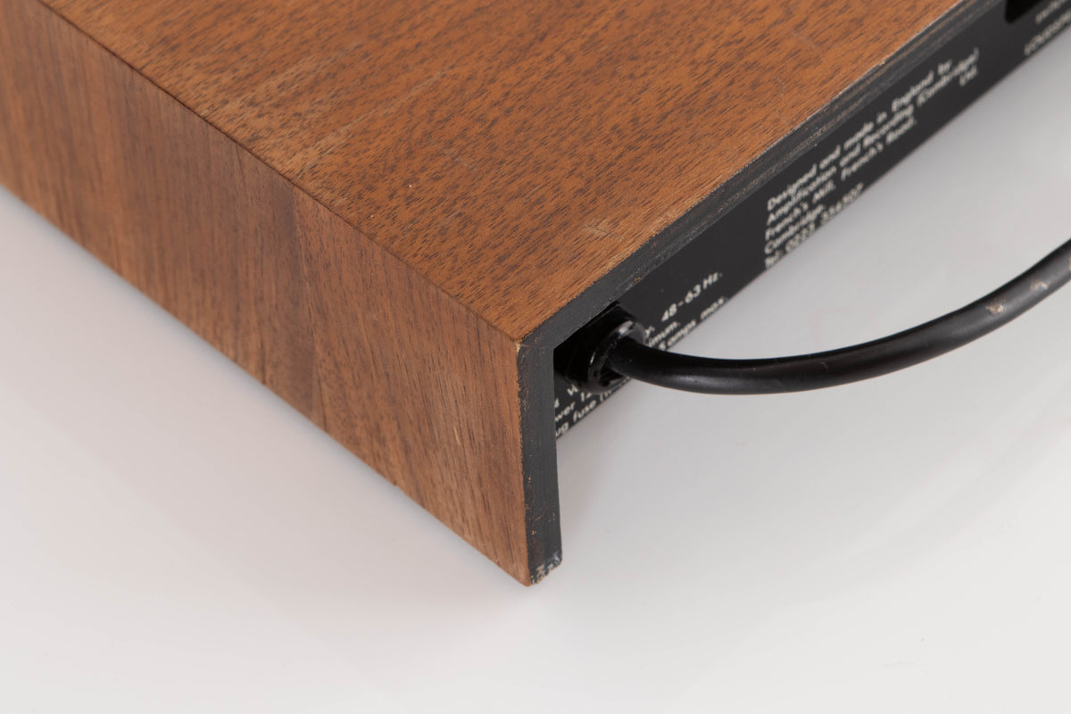 Rear right corner of a used A&R A60 Integrated Amplifier in a Teak finish