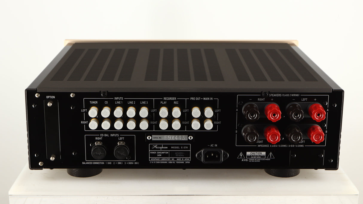 Rear view of a used Accuphase E270 Integrated Amplifier showing Mains Input and Speaker Outputs