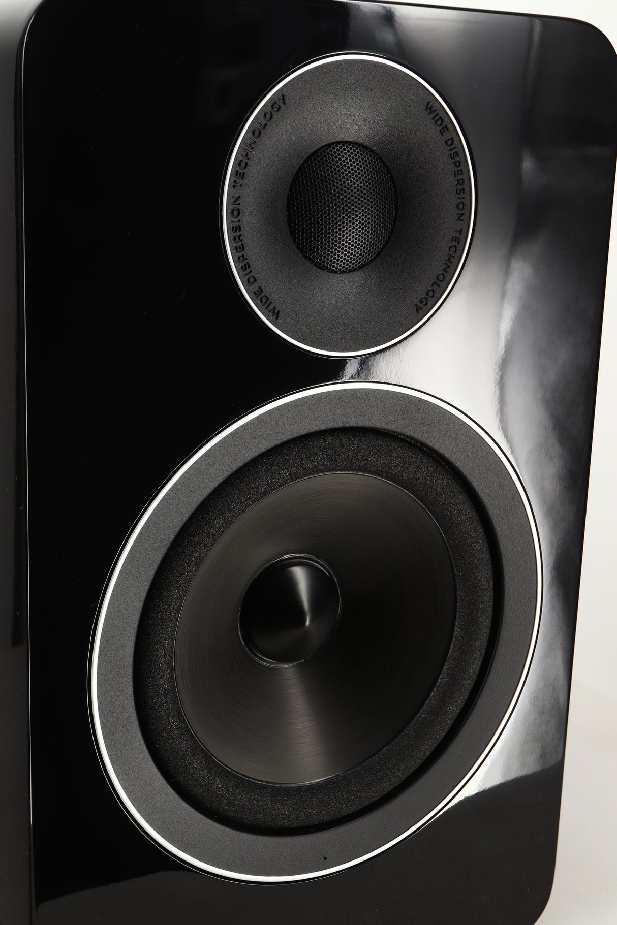 Close up view of a used Acoustic Energy AE1 Active Standmount Speakers in Black Piano Lacquer finish