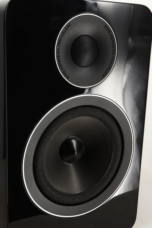 Close up view of a used Acoustic Energy AE1 Active Standmount Speakers in Black Piano Lacquer finish
