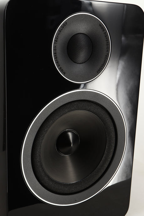 Close up view of a used Acoustic Energy AE1 Active Standmount Speakers in Black Piano Lacquer finish