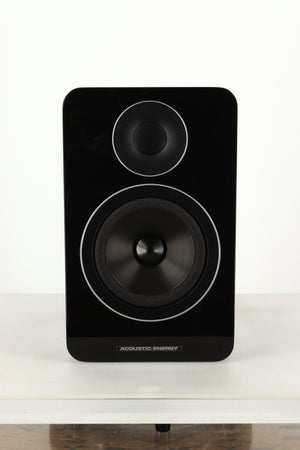 Front view of a used Acoustic Energy AE1 Active Standmount Speakers in Black Piano Lacquer finish