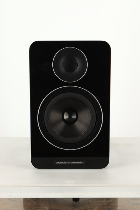 Front view of a used Acoustic Energy AE1 Active Standmount Speakers in Black Piano Lacquer finish