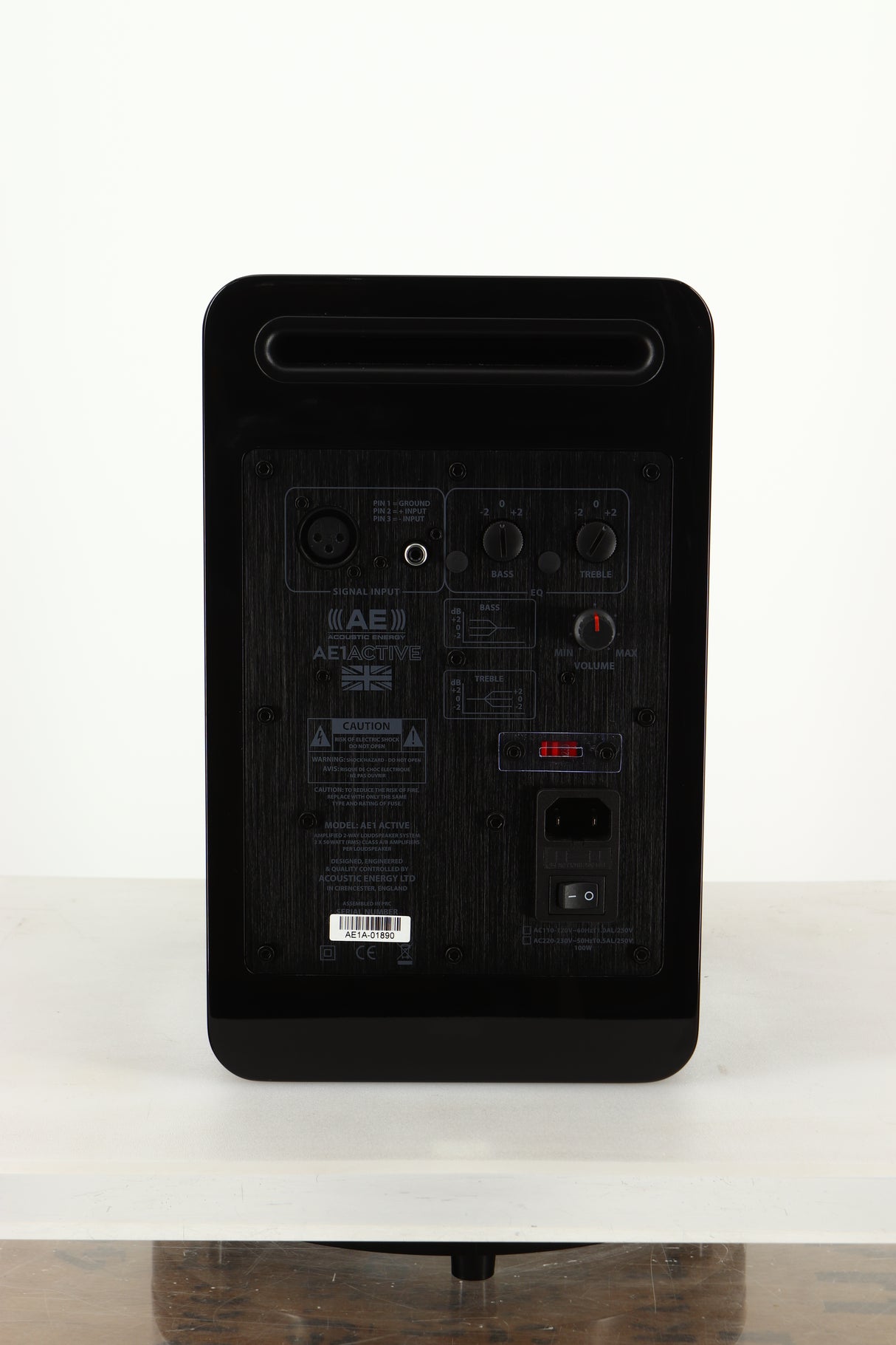 Rear view of a used Acoustic Energy AE1 Active Standmount Speakers in Black Piano Lacquer finish