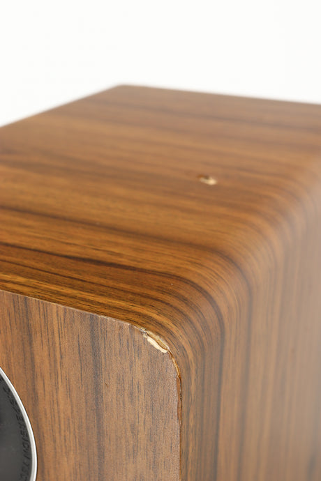 Close up of a used Acoustic Energy AE109 Series Floorstanding Speaker in a walnut finish showing some damage