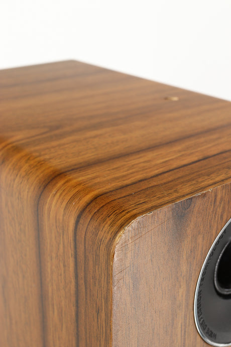 Close up of a used Acoustic Energy AE109 Series Floorstanding Speaker in a walnut finish showing some damage