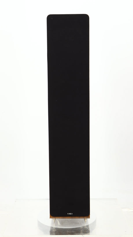 Front view of a used Acoustic Energy AE109 Series Floorstanding Speaker in a walnut finish showing the grille