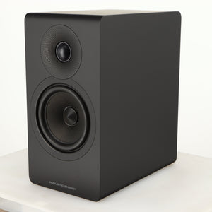 Front right corner of a used Acoustic Energy AE300 MKII Standmount Speaker in a matte black finish