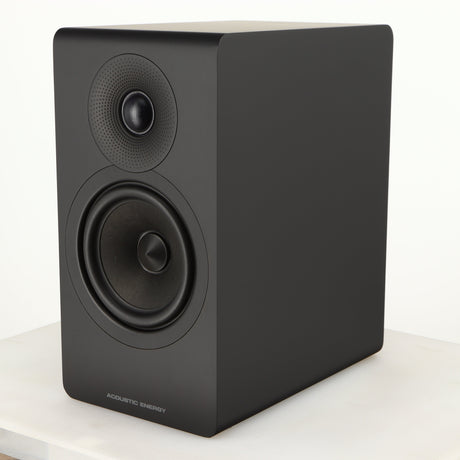 Front right corner of a used Acoustic Energy AE300 MKII Standmount Speaker in a matte black finish