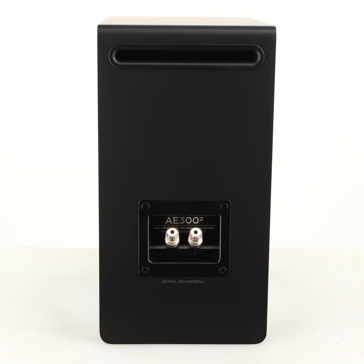 Rear view of a used Acoustic Energy AE300 MKII Standmount Speaker in a matte black finish