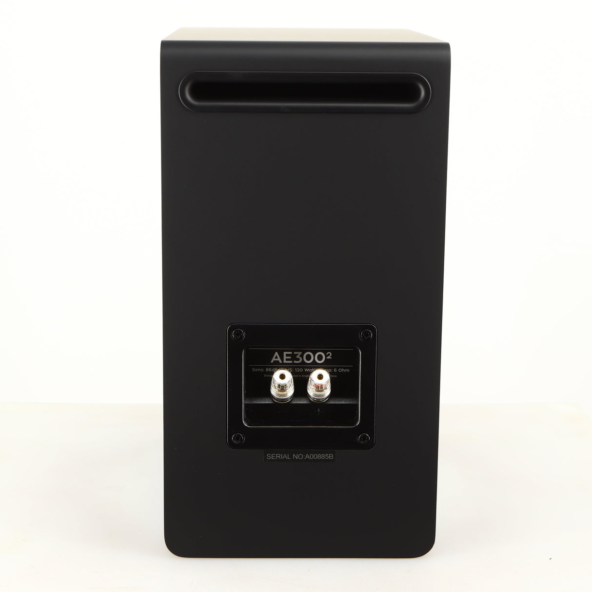 Rear view of a used Acoustic Energy AE300 MKII Standmount Speaker in a matte black finish