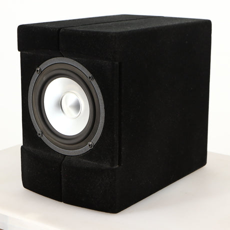 Front right corner of a used Acoustic Precision Eikos FR1 Standmount Speaker in a black flock finish